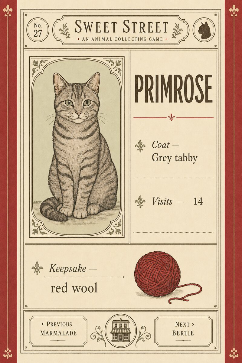 Specimen card No. 27 for a grey tabby cat named Primrose: an engraved portrait, entries for coat and visits, and a keepsake of red wool.