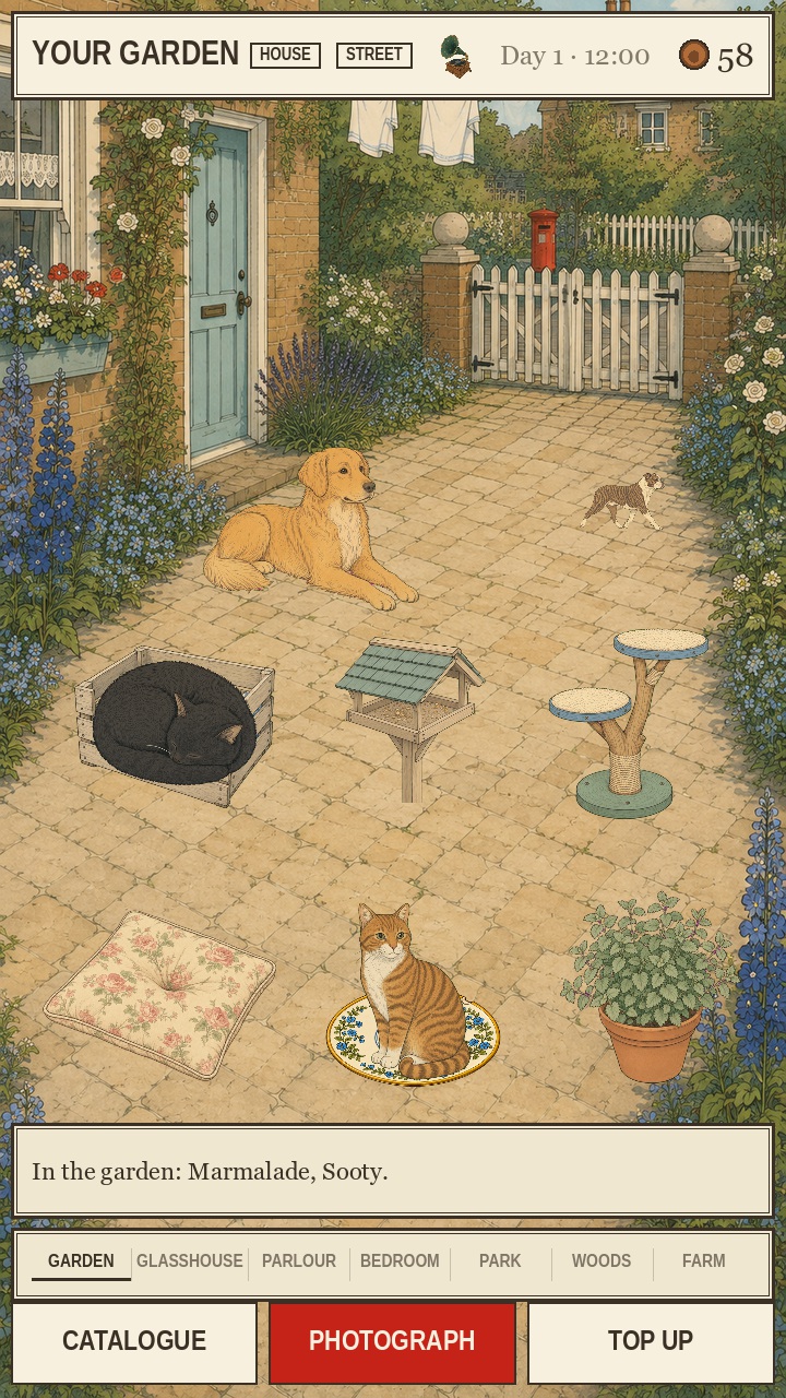 The running game: a furnished garden, two visiting cats, Bramble, and the game controls.