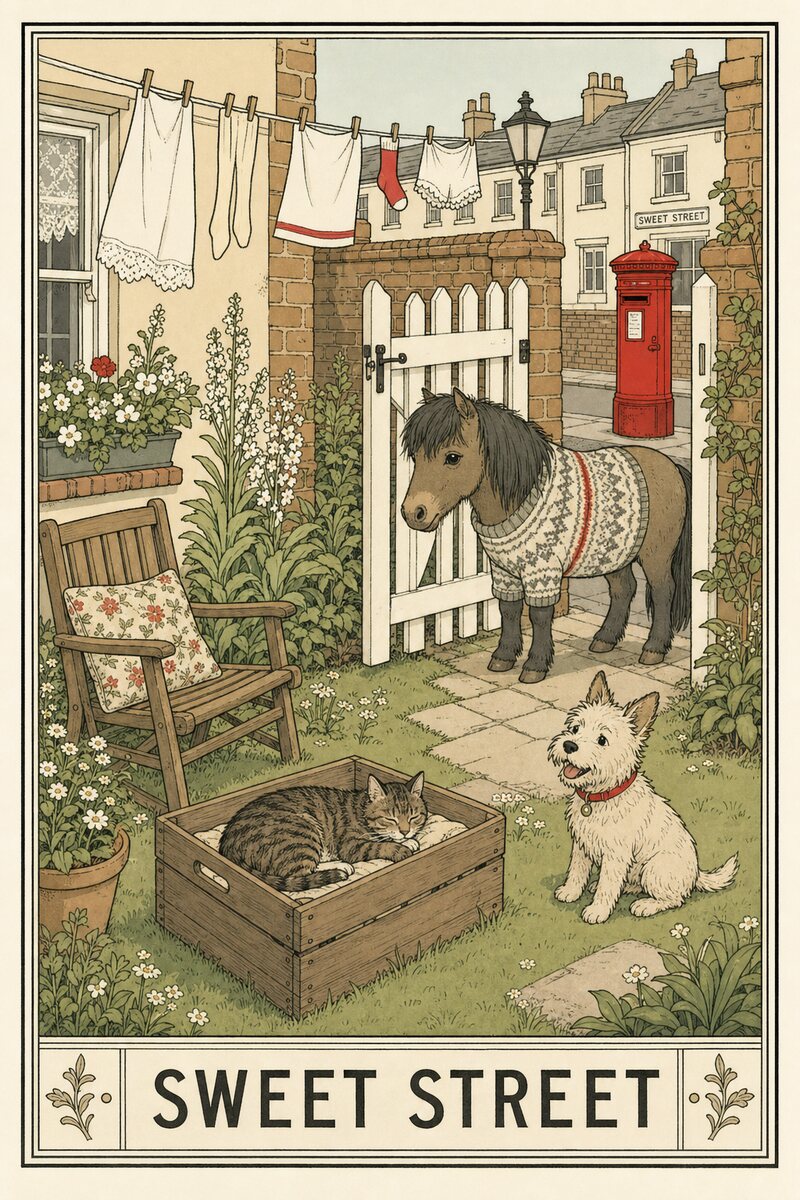 Framed plate: a walled garden with a cat asleep in a crate, a West Highland terrier, and a Shetland pony in a Fair Isle jumper at the gate; a red pillar box beyond. Captioned SWEET STREET.