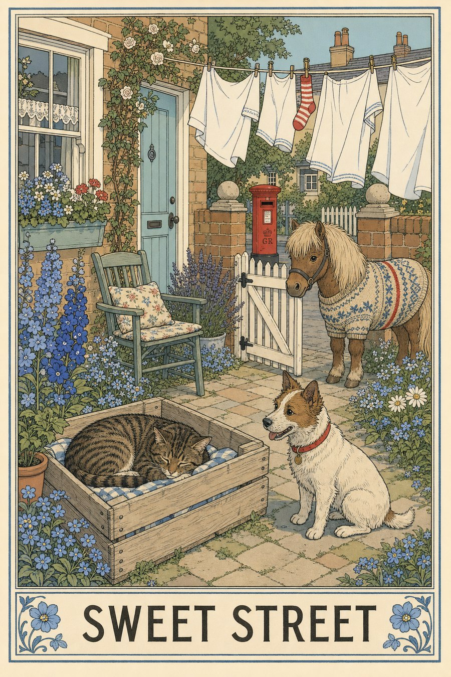 An ink-and-flat-colour illustration of a walled Edwardian garden: washing on the line, a tabby cat asleep in a wooden crate, a terrier sitting on the flagstones, a Shetland pony in a knitted jumper at the white picket gate, and a red pillar box in the street beyond. Delphiniums in blue along the wall.