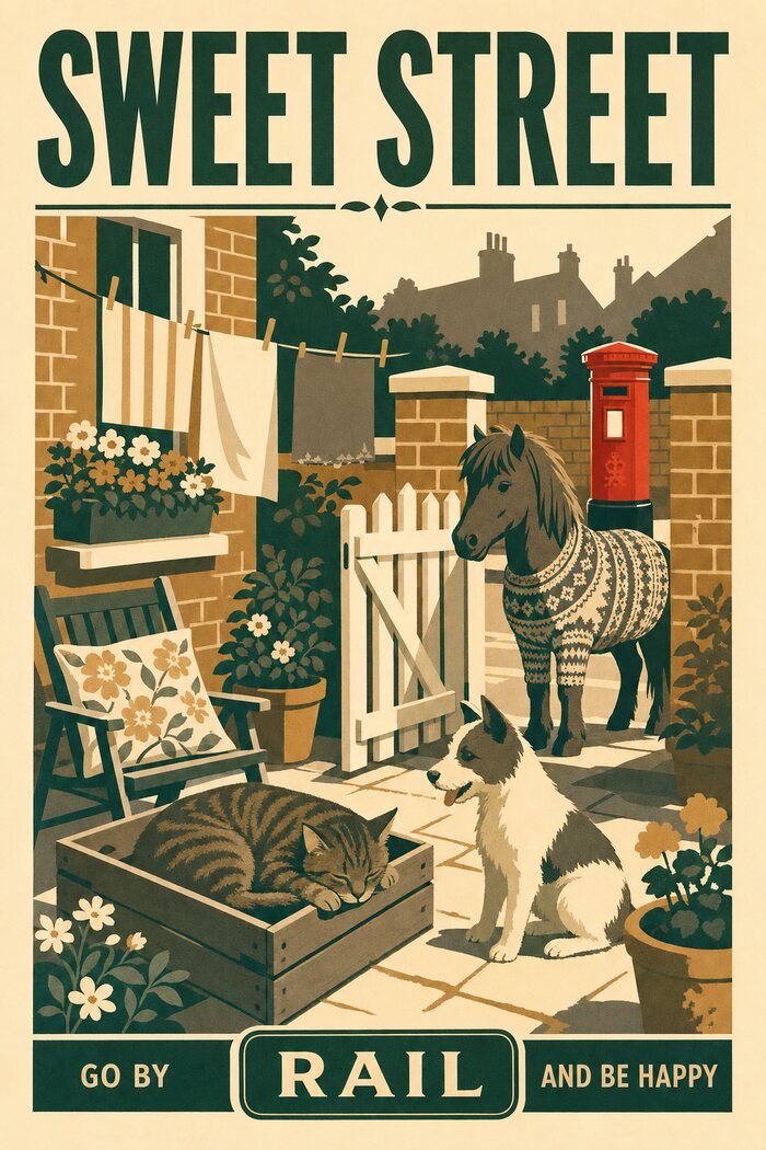 A railway poster of the same garden in four flat inks, deep green and ochre on cream, captioned GO BY RAIL AND BE HAPPY.