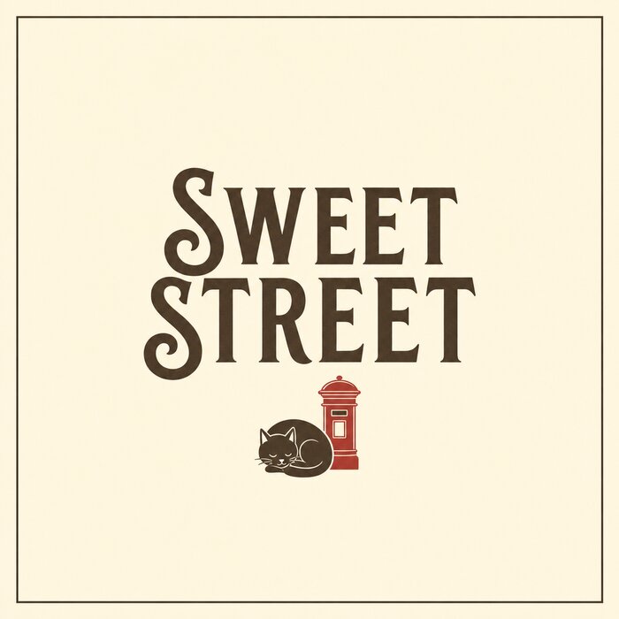 The Sweet Street wordmark in a warm dark serif, above a small drawing of a black cat asleep against a red pillar box.