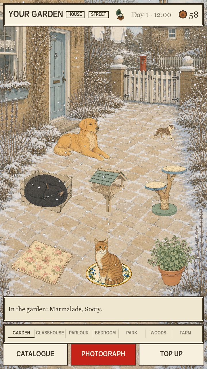 The furnished garden in winter, captured in the running game.